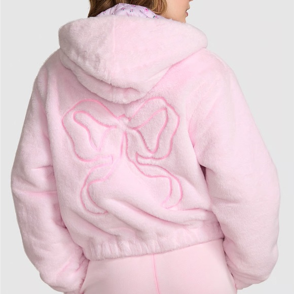 Pink x LoveShackFancy Faux-Fur Crop Bomber Jacket - Picture 2 of 5